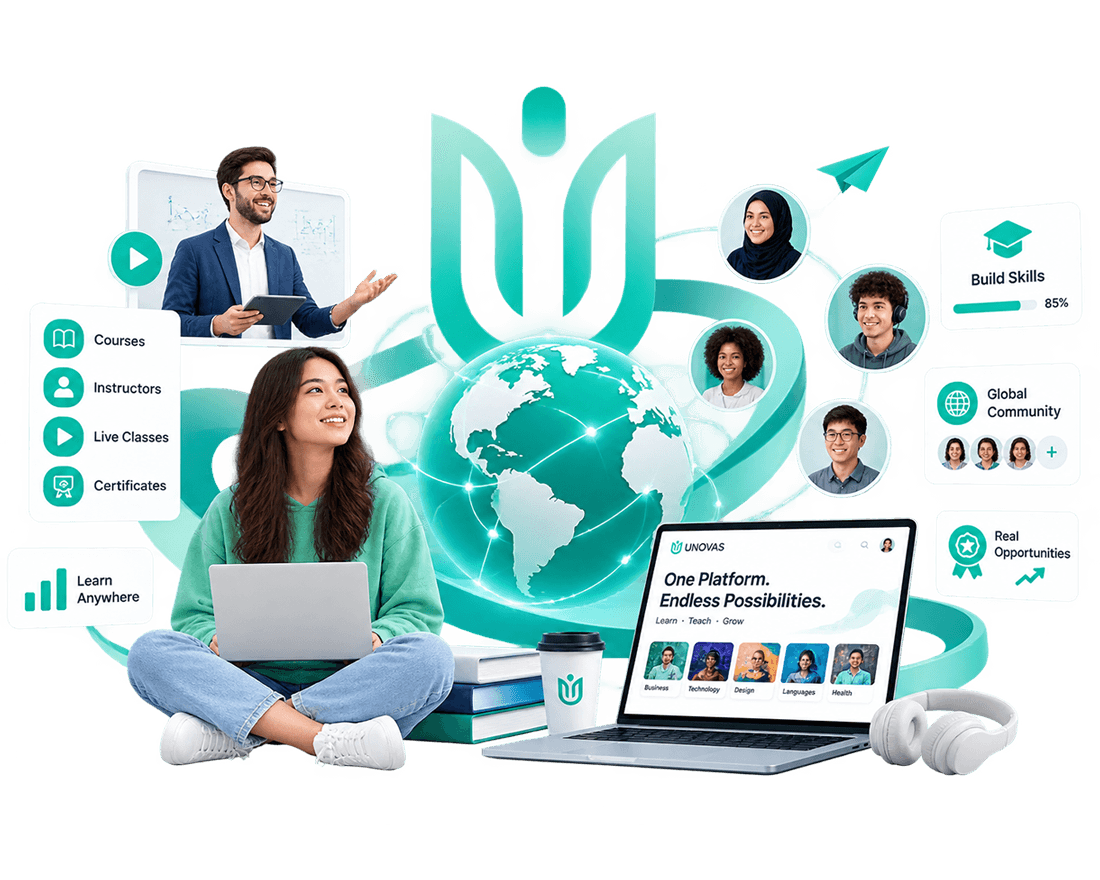 Learners and an instructor connected around a globe with online learning panels.